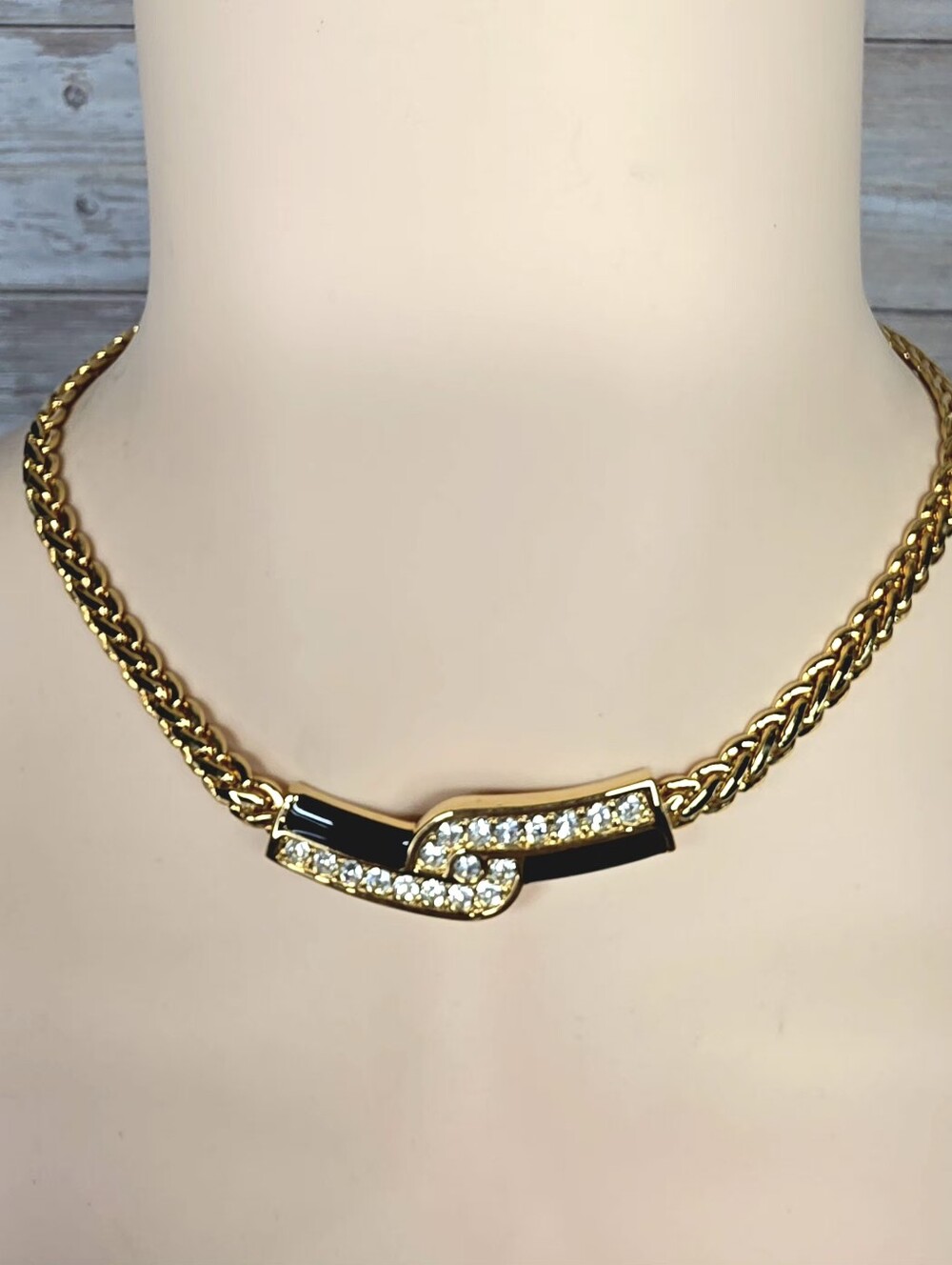 Vintage Swarovski Black Enamel Crystal Gold Tone Necklace 17”